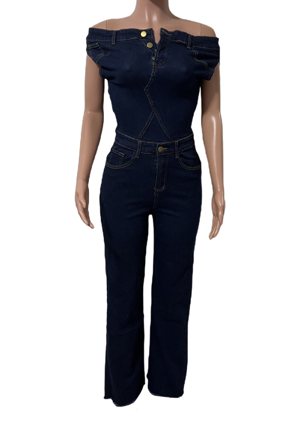 Strapless Off-Shoulder Fitted Denim Jumpsuit