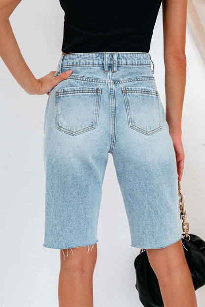 High-Waisted Distressed Denim Bermuda Shorts