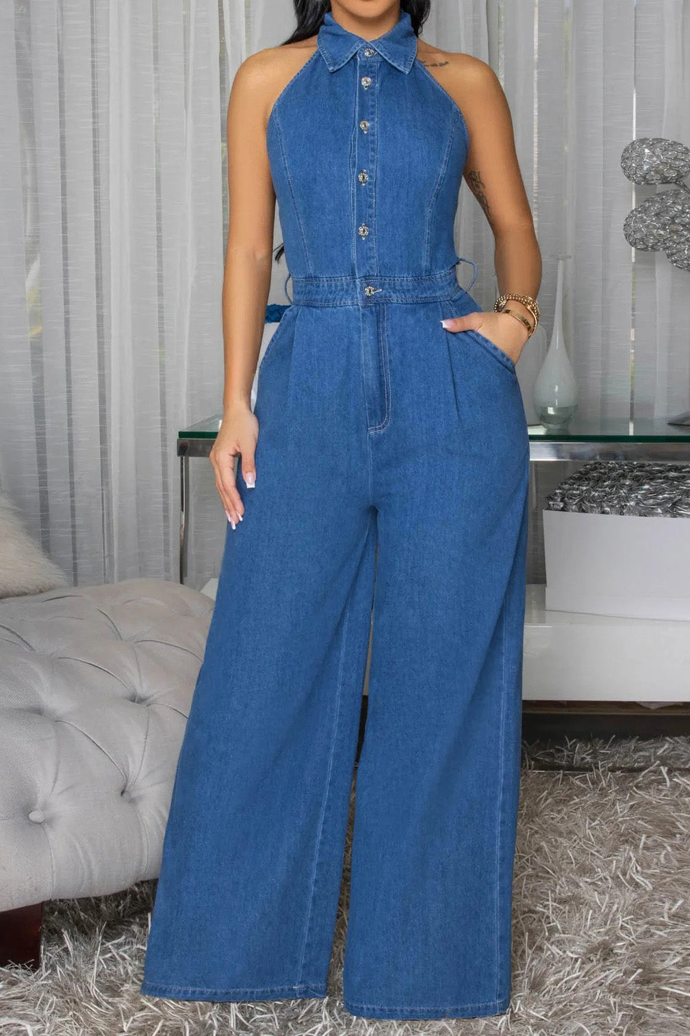 Halter Backless Jumpsuit Wide Leg Stretch