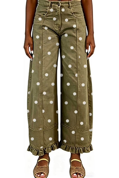 Polka Dot Wide Leg Jeans with Ruffle Hem
