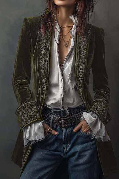 Velvet Embroidered Long Jacket