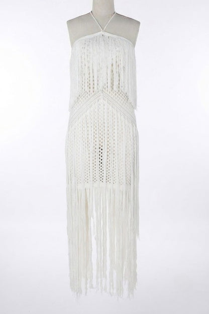 Crochet Halter Fringe Maxi Dress