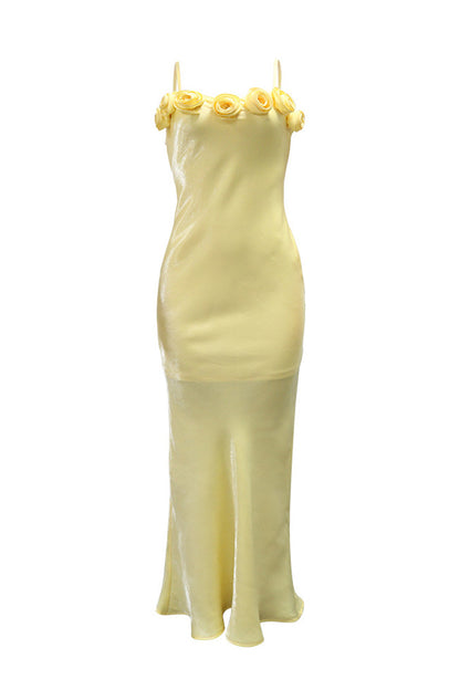 3D Floral Rosette Satin Maxi Dress