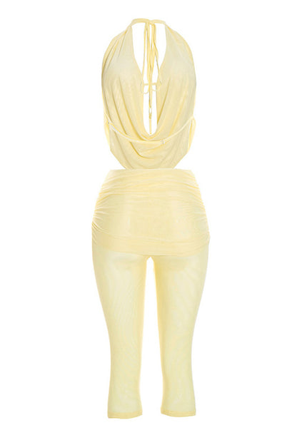 Draped Halter & Sheer Mesh Capri Set
