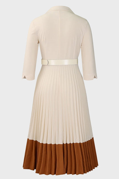 Two-Tone Belted Pleated Dress