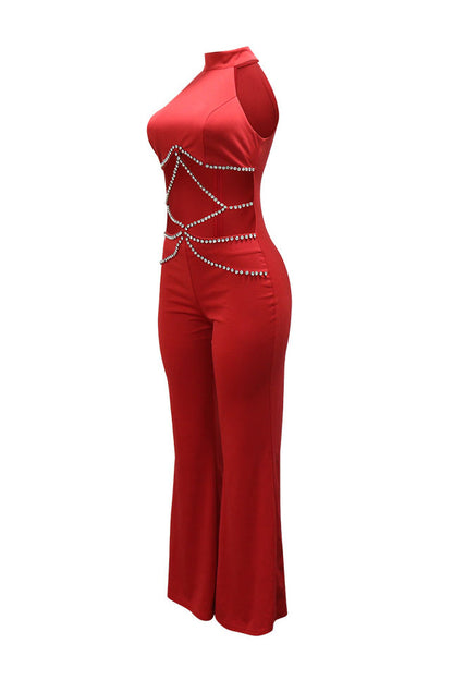 Halter Rhinestone Chain Cutout Flared Jumpsuit
