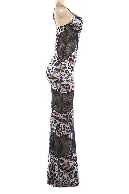 Leopard Print Lace Patchwork Cami Maxi Dress