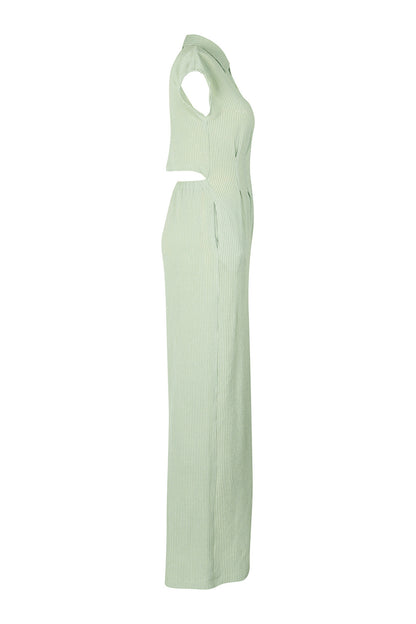 Striped Button-Up Sleeveless Jumpsuit