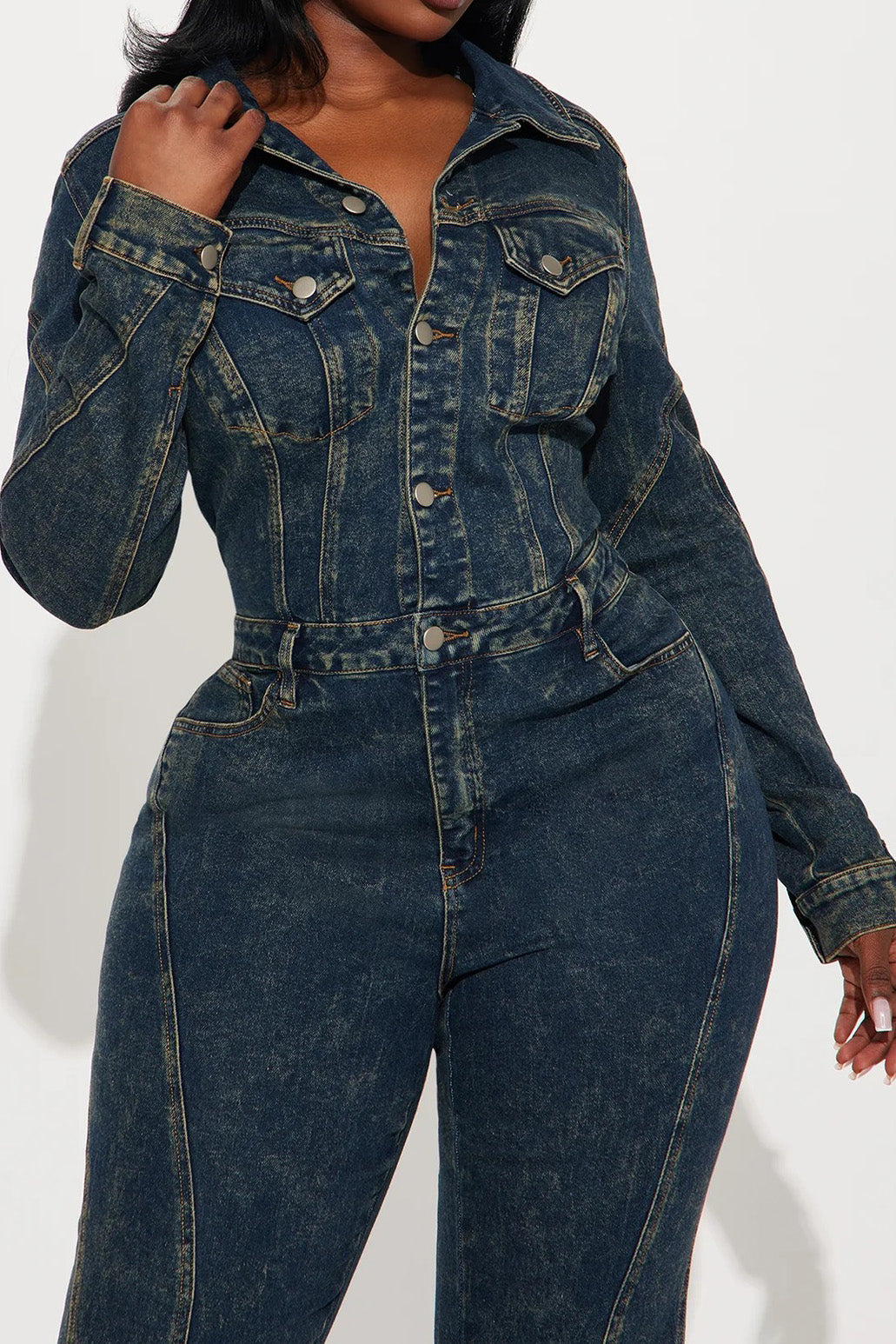 Washed Long Sleeve Denim Jumpsuit