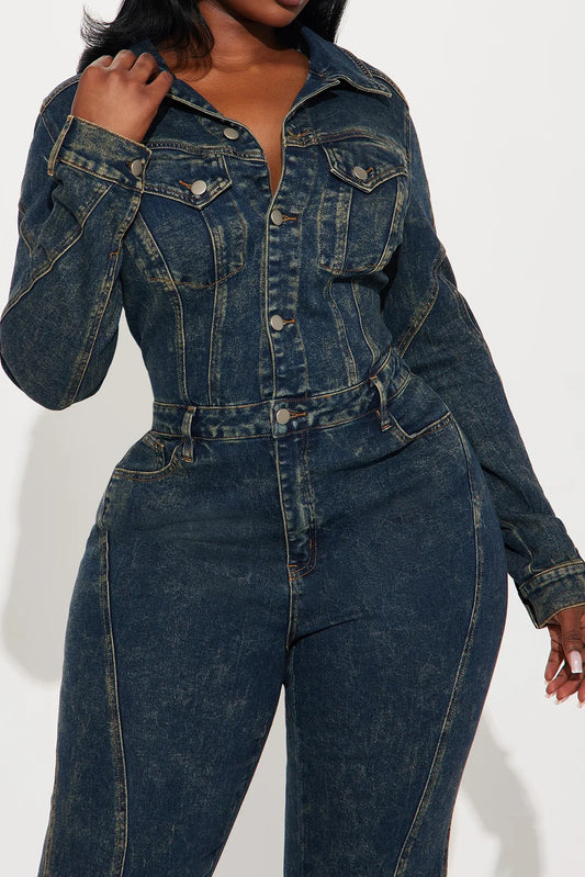Washed Long Sleeve Denim Jumpsuit