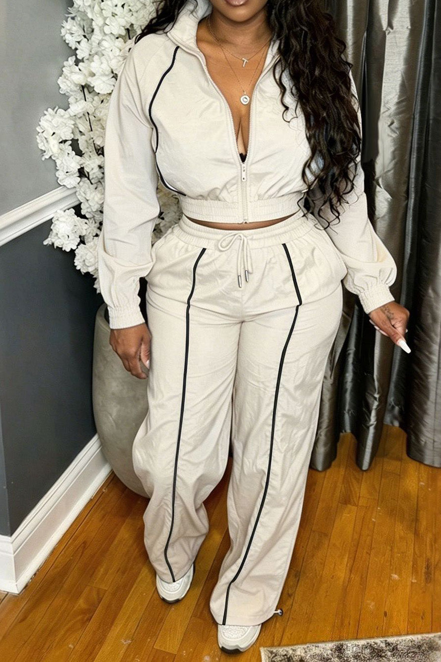 Zip-Front Piped Top & Wide-Leg Pants Set