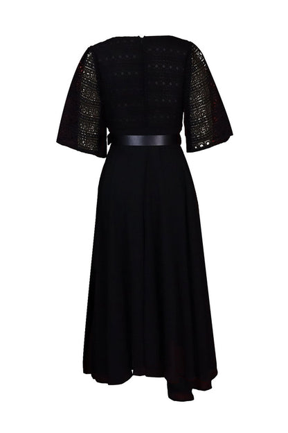 Square Neckline Lace Sleeve Midi Party Dress
