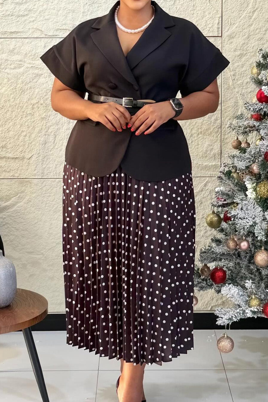Belted Blazer & Pleated Polka Dot Skirt Set