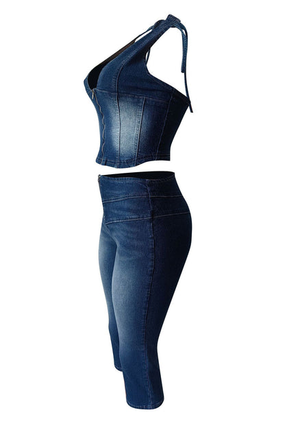 Off-Shoulder Tie Denim Shorts Set