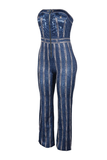 Denim Print Strapless Wide Leg Jumpsuit