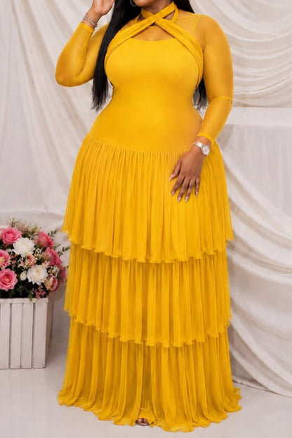 Plus Size Sheer Tiered Mesh Maxi Dress