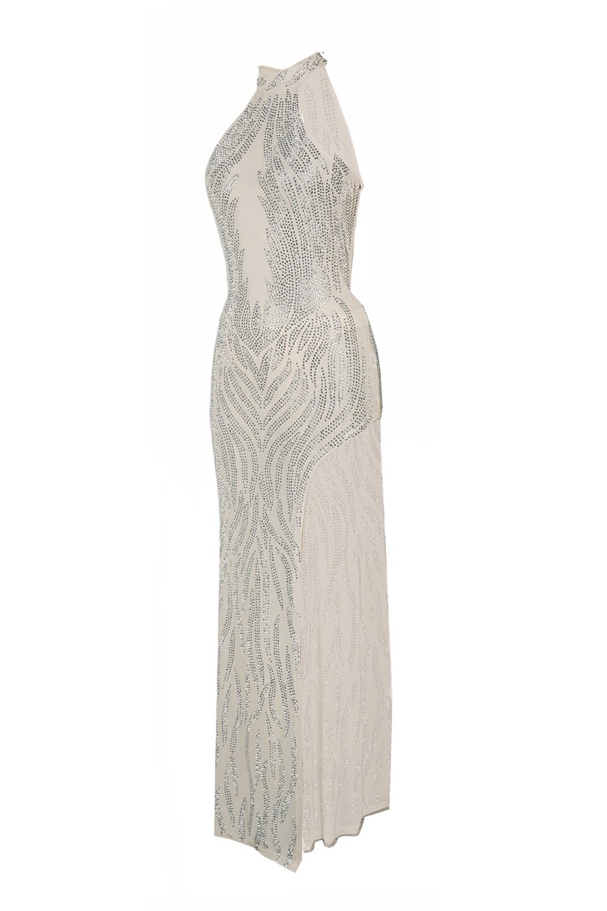 Sheer Silver Illusion Halter Maxi Gown