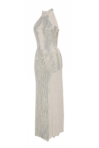 Sheer Silver Illusion Halter Maxi Gown
