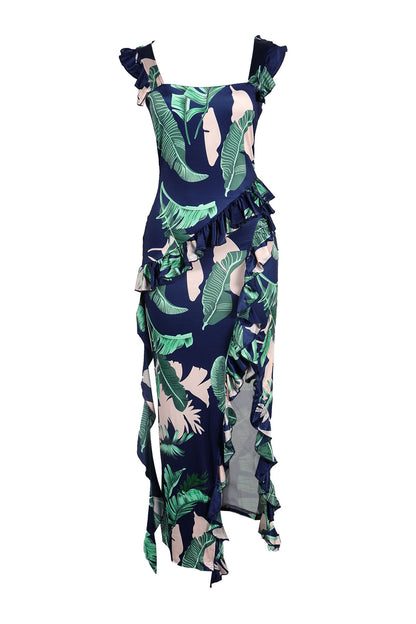 Long Strapless Dress With Slits and Tropical Print