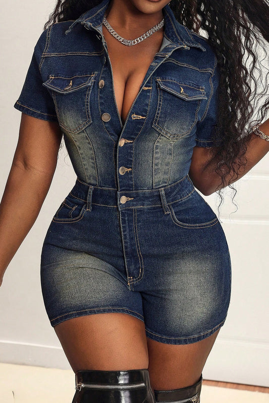 Short Sleeve Slim Fit Stretch Denim Romper