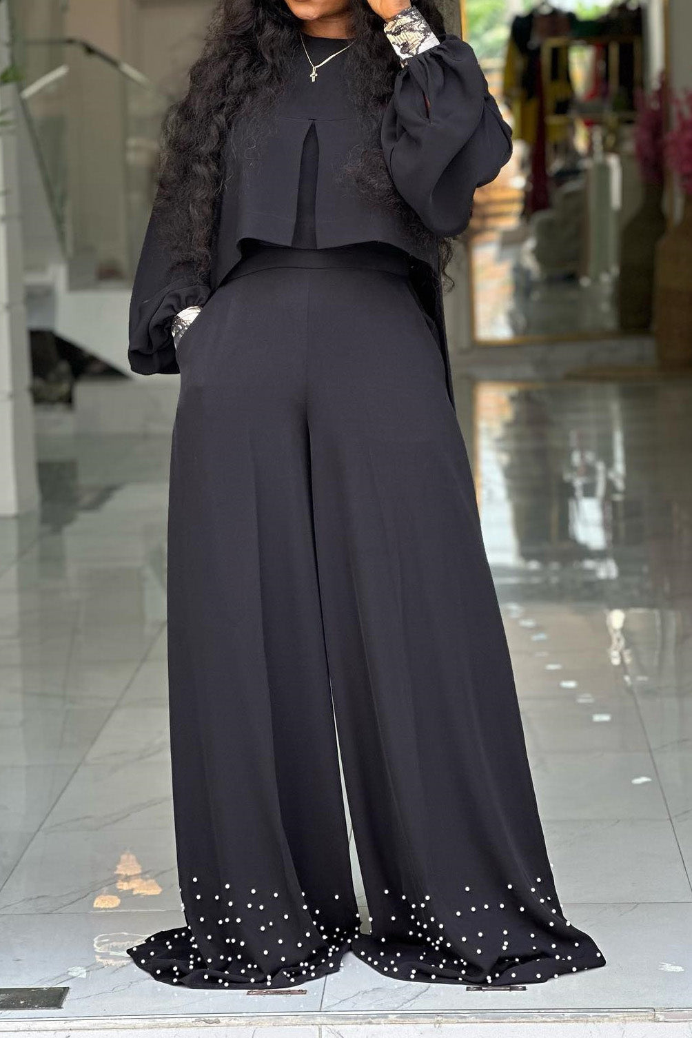 Lantern Sleeve Top & Wide Leg Pants Set