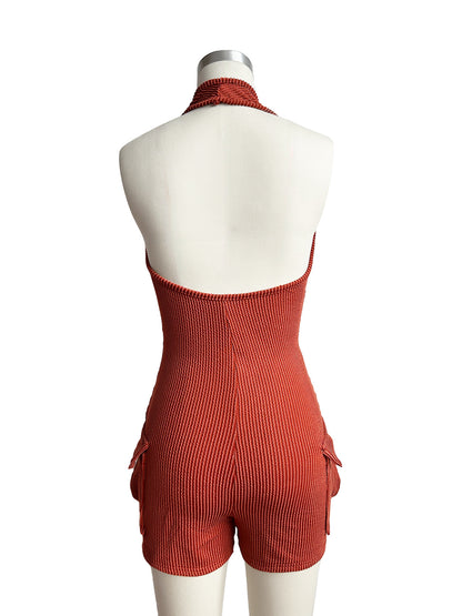 Halter Ribbed Cargo Romper