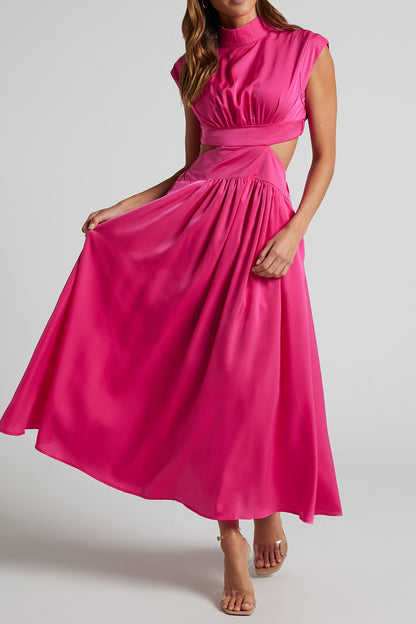 Mock Neck Cut Out Pleated Maxi Dress