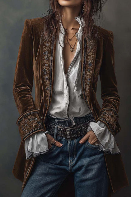Velvet Embroidered Long Jacket