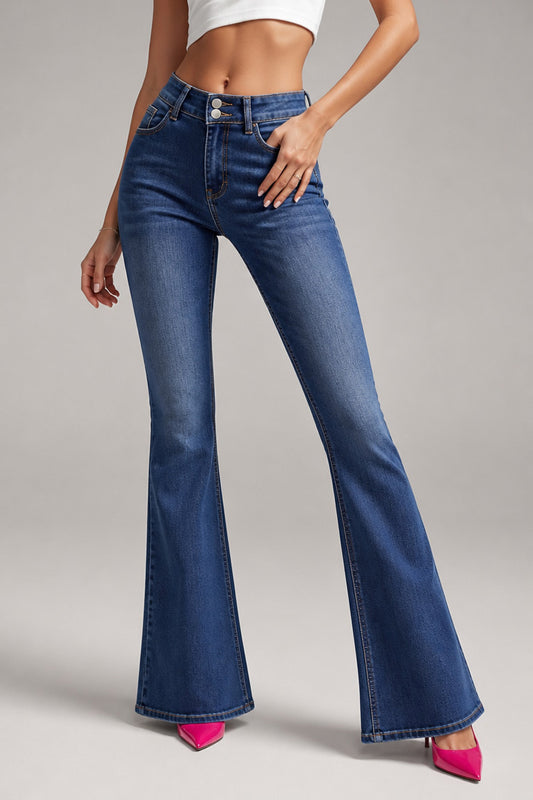 High Rise Double Button Flare Jeans