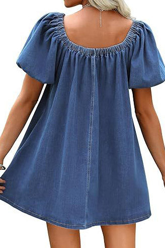 Bubble Sleeve Square Neck Denim Babydoll Dress