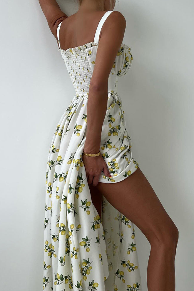 Low-Cut Tie Front High-Waist Split Floral Dress