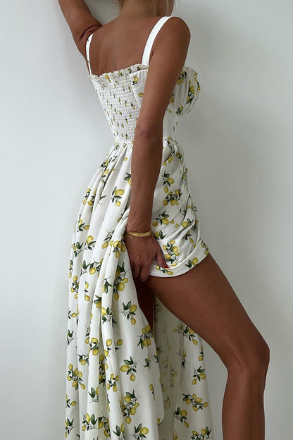 Low-Cut Tie Front High-Waist Split Floral Dress