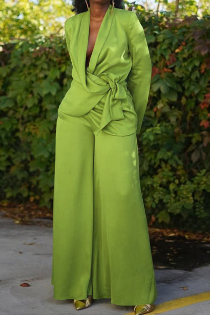 Plunging Wrap Tie Top & Wide Leg Pant Set