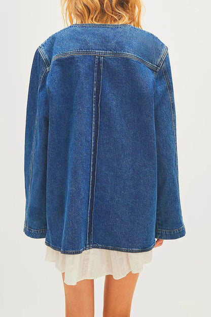 Collarless Button-Front Denim Jacket