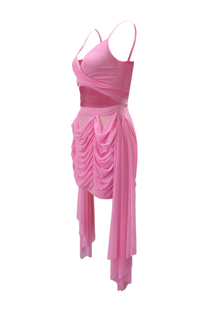 Draped Mesh Cutout Mini Dress