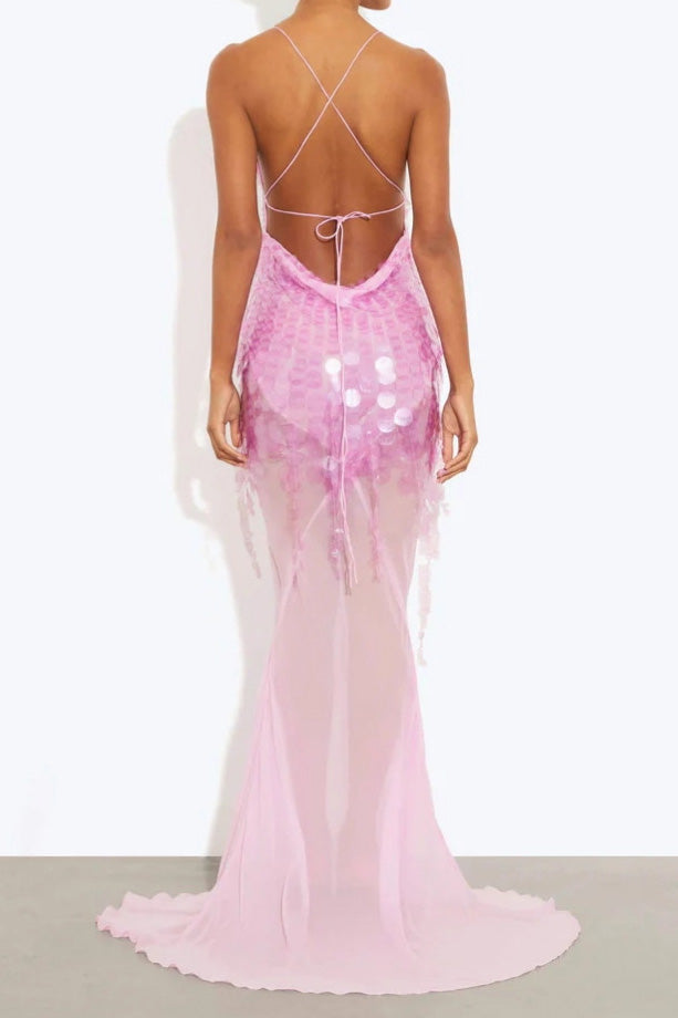 Sequin Backless Drape Tulle Hem Slip Maxi Dress