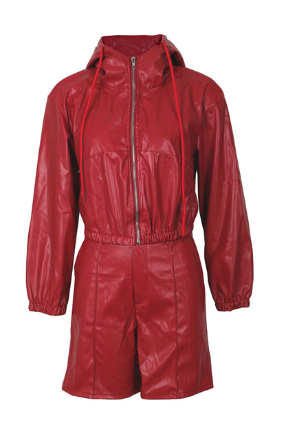 Leather-Look Hooded Jacket & Bermuda Shorts Set