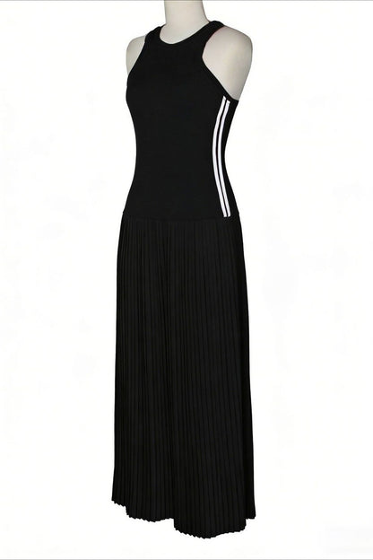 Sporty Contrast-Stripe Pleated Maxi Dress
