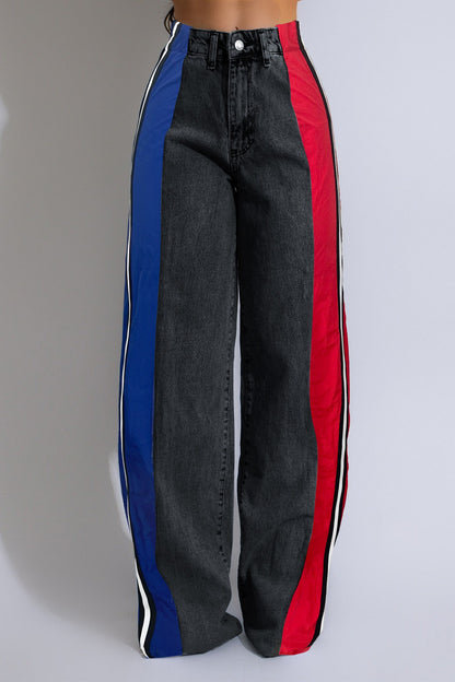 Wide Jeans with Wide Contrast Side Lines-Black