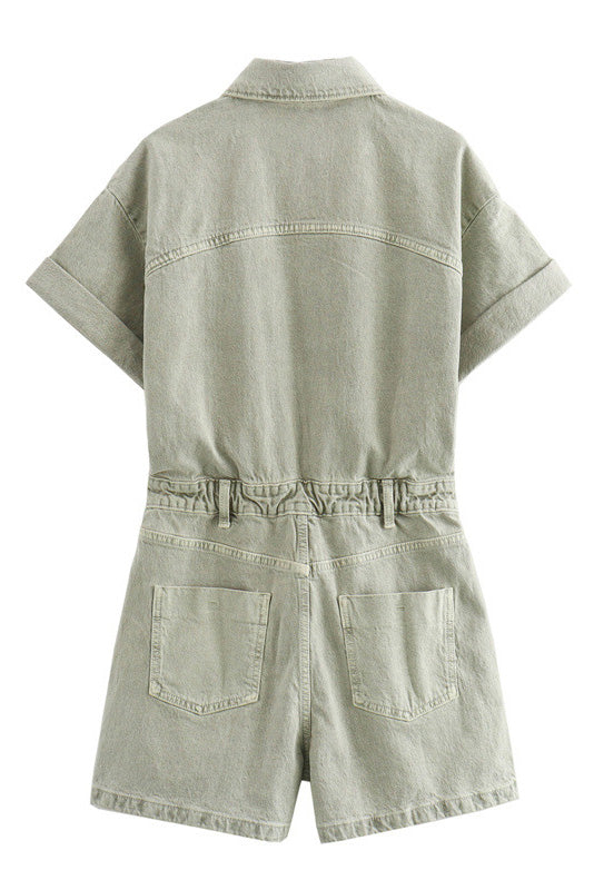 Denim Short Sleeve Romper with Pockets