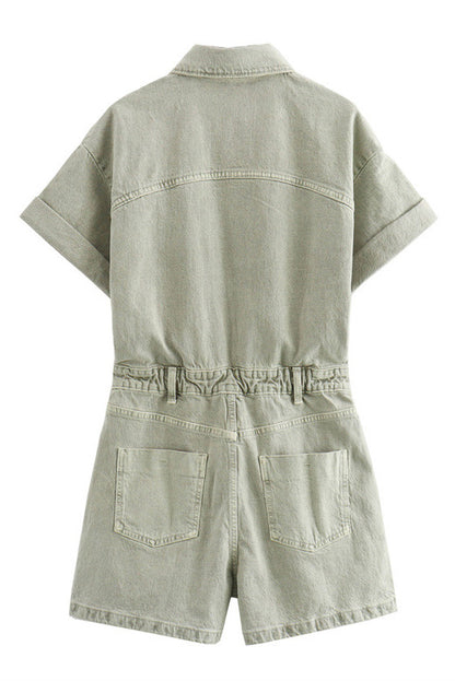 Denim Short Sleeve Romper with Pockets
