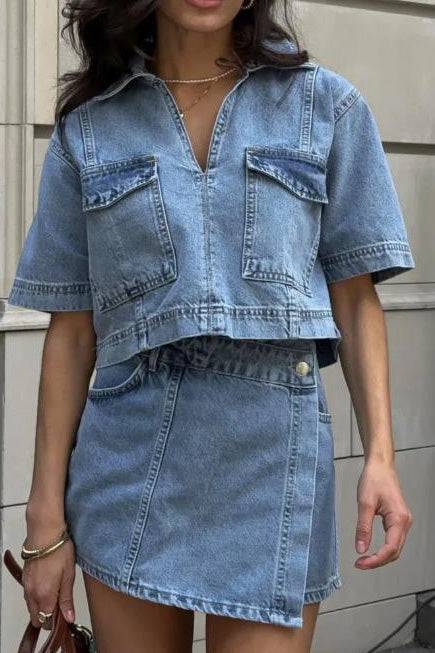 Denim V-Neck Top & High Waist Skirt Set