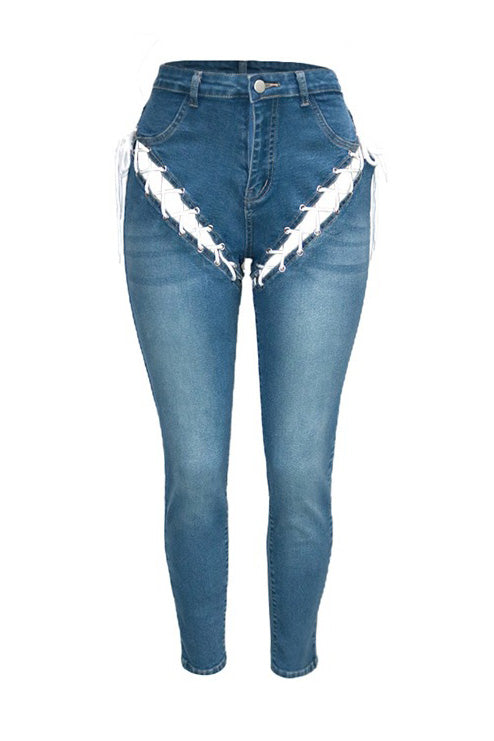 High-Rise Front & Back Lace-Up Cutout Jeans