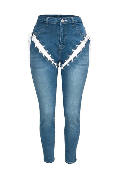 High-Rise Front & Back Lace-Up Cutout Jeans