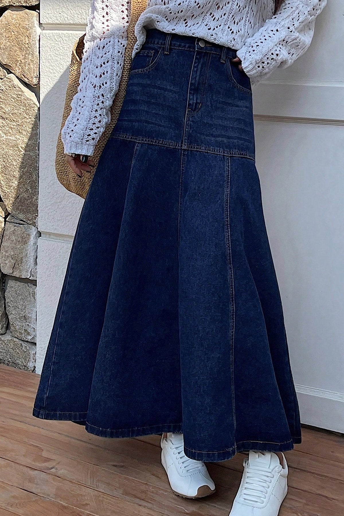 Paneled A-Line Denim Maxi Skirt