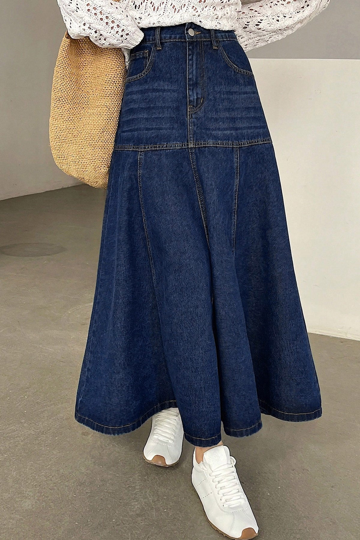 Paneled A-Line Denim Maxi Skirt