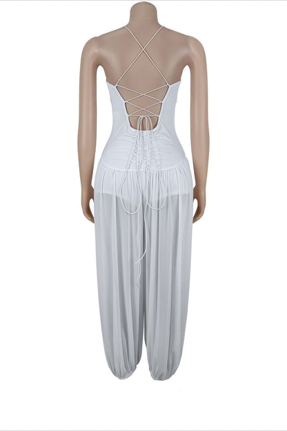 Sheer Lace-Up Wide Leg Jumpsuit