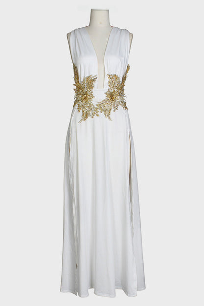Open V-Neck Sleeveless Double Slit Maxi Dress