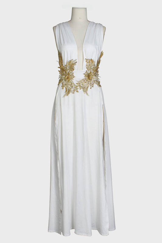 Open V-Neck Sleeveless Double Slit Maxi Dress