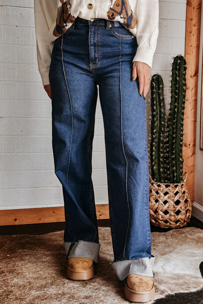 Stretch Cuffed Wide Leg Front Seam Jeans